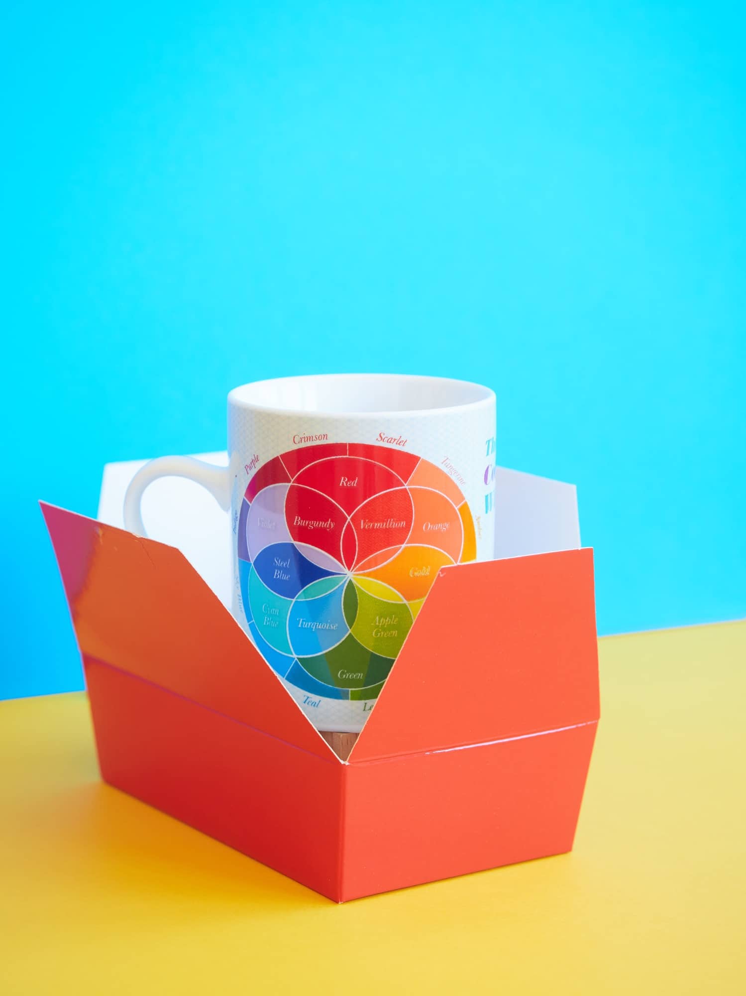 Mug with color wheel drawing of color theory, in red box on yellow and blue backgr